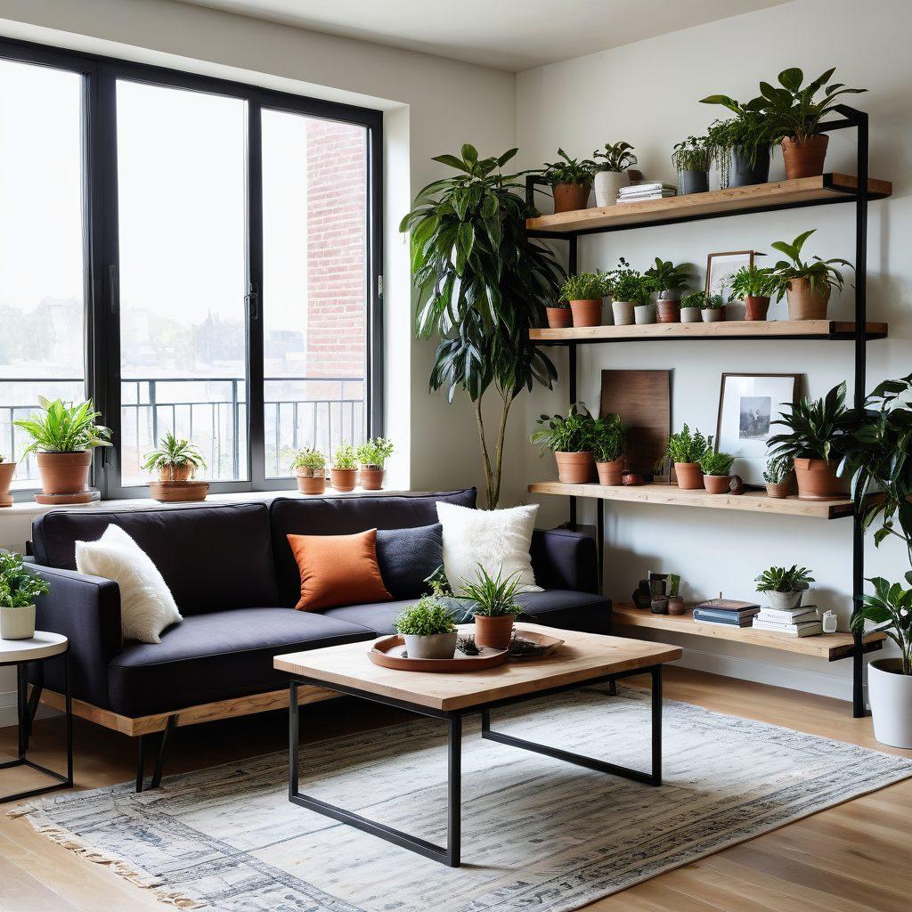 A cozy living room showcasing stylish space-saving furniture, like a collapsible table and minimalist shelving, surrounded by plants and decorative items that reflect various design styles. Include natural light streaming through a window to enhance warmth and comfort. Capture a blend of modern and rustic elements in harmonious decoration. vibrant colors. super-realistic.