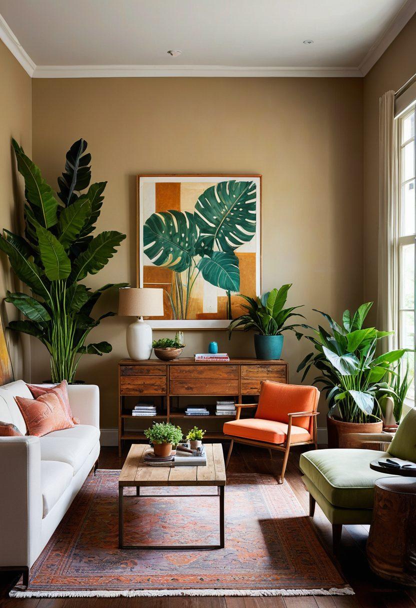 A beautifully styled room featuring a blend of vintage and contemporary furniture, showcasing eco-friendly materials like reclaimed wood and sustainable fabrics. Include touches of greenery with potted plants and a warm, inviting color palette that harmonizes both styles. The setting should feel cozy and chic, with natural light illuminating the space. hint of modern art on the walls to add a pop of creativity. super-realistic. vibrant colors. atmospheric lighting.