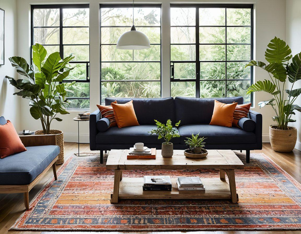 A stylish living room showcasing contemporary and sustainable furniture, featuring a mix of natural materials like reclaimed wood and organic fabrics. Incorporate trendy design elements such as a minimalist sofa, an elegant coffee table, and vibrant indoor plants. The setting should be bright and airy, with large windows allowing natural light to flood in, creating a welcoming atmosphere. Include subtle eco-friendly decor accents. super-realistic. vibrant colors. airy and light ambiance.